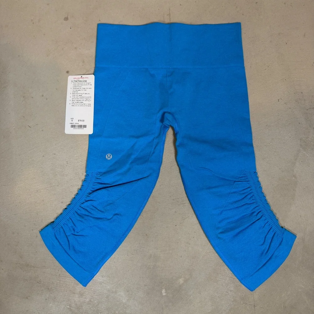 Lululemon In The Flow Crop Leggings Blue BEAB Size 6 Ruched Activewear NWT